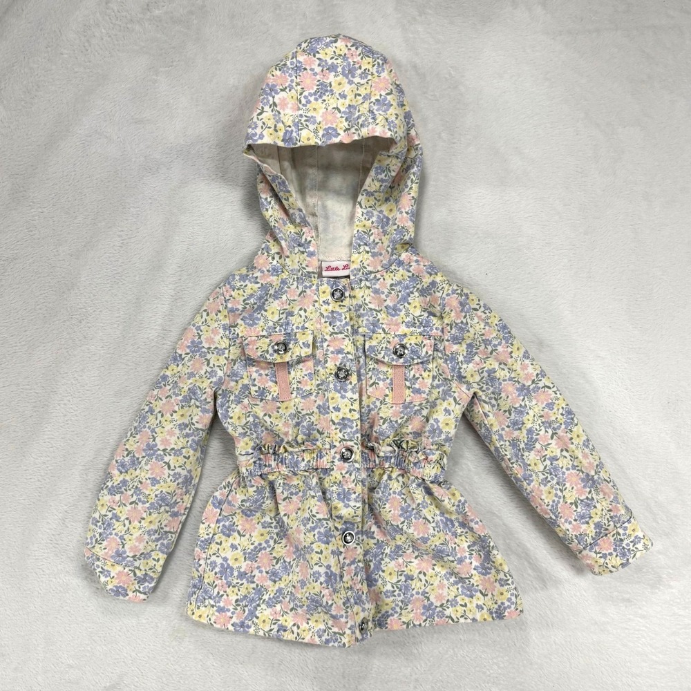 Little Lass 4T Floral Hooded Jacket Pastel Pink & Blue Spring Coat 100% Cotton